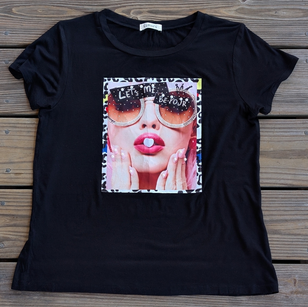 Rumors Black Pop Art Embellished Graphic Women's Top